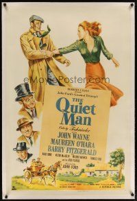 2e295 QUIET MAN linen 1sh '51 great artwork of John Wayne & Maureen O'Hara, John Ford classic!
