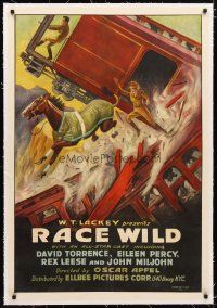 2e296 RACE WILD linen 1sh '26 Kentucky Derby horse racing, stone litho of race horse in train wreck