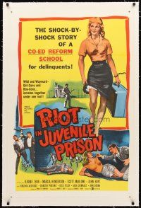 2e301 RIOT IN JUVENILE PRISON linen 1sh '59 co-ed reform school for delinquents, great artwork!
