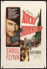 2e306 ROCKY MOUNTAIN linen 1sh '50 great close up of part renegade part hero Errol Flynn with gun!