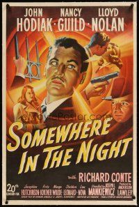 2e323 SOMEWHERE IN THE NIGHT linen 1sh '46 John Hodiak, cool film noir stone litho montage!