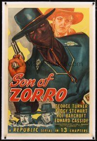 2e325 SON OF ZORRO linen 1sh '47 cool art of the masked hero with gun, Republic serial!