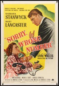 2e326 SORRY WRONG NUMBER linen 1sh '48 art of Burt Lancaster about to backhand Barbara Stanwyck!