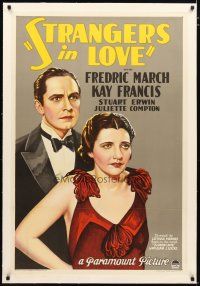 2e335 STRANGERS IN LOVE linen 1sh '32 great stone litho of Fredric March with sexy Kay Francis!