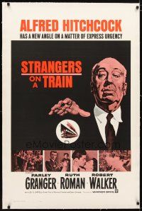 2e336 STRANGERS ON A TRAIN linen 1sh R61 different art of Alfred Hitchcock with a new angle!