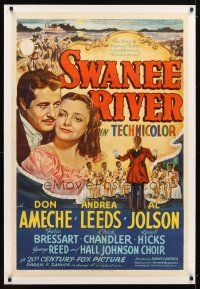 2e339 SWANEE RIVER linen style B 1sh '39 art of Don Ameche, Andrea Leeds & blackface Al Jolson!
