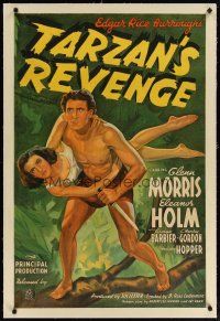 2e343 TARZAN'S REVENGE linen 1sh '38 great stone litho of Glenn Morris carrying Eleanor Holm!