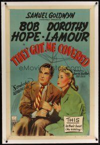 2e348 THEY GOT ME COVERED linen 1sh R51 art of Bob Hope & pretty Dorothy Lamour under umbrella!