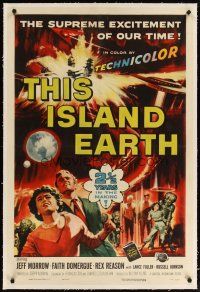 2e352 THIS ISLAND EARTH linen 1sh '55 sci-fi classic, wonderful art with aliens by Reynold Brown!