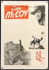 2e356 TIM MCCOY linen 1sh '40s art of classic cowboy on his horse & holding two guns + photo!