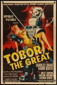 2e035 TOBOR THE GREAT 1sh '54 man-made funky robot with every human emotion holding sexy girl!
