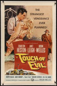2e358 TOUCH OF EVIL linen 1sh '58 art of Orson Welles, Charlton Heston & Janet Leigh by Bob Tollen!
