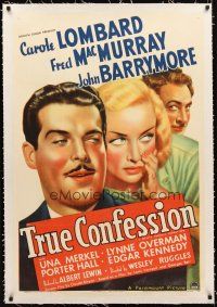 2e360 TRUE CONFESSION linen 1sh '37 c/u art of Carole Lombard, Fred MacMurray & John Barrymore!