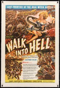 2e373 WALK INTO HELL linen 1sh '57 great art, starring & produced by Australian Chips Rafferty!