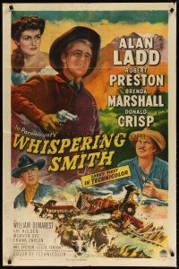 2e038 WHISPERING SMITH 1sh '49 Alan Ladd's first in Technicolor, cool cowboy artwork!