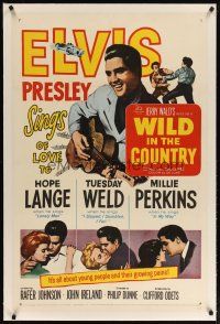 2e380 WILD IN THE COUNTRY linen 1sh '61 Elvis Presley sings to Tuesday Weld, rock & roll musical