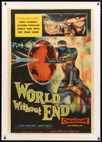 2e384 WORLD WITHOUT END linen 1sh '56 CinemaScope's first sci-fi thriller, incredible Brown art!