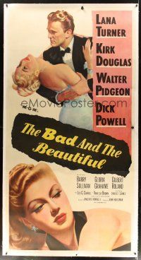 2f038 BAD & THE BEAUTIFUL linen 3sh '53 great artwork of Kirk Douglas romancing sexy Lana Turner!