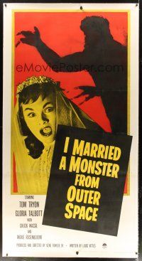 2f048 I MARRIED A MONSTER FROM OUTER SPACE linen 3sh '58 terrified Gloria Talbott & alien shadow!