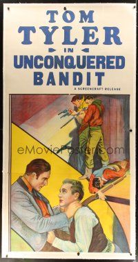2f064 UNCONQUERED BANDIT linen 3sh '35 cool stone litho of cowboy Tom Tyler with gun!