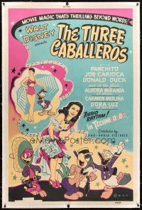 2f033 THREE CABALLEROS linen 40x60 '44 Disney, cartoon art of Donald Duck, Panchito & Joe Carioca!