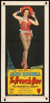 2f178 FRENCH LINE linen Aust daybill '54 Howard Hughes, hand litho of sexy showgirl Jane Russell!
