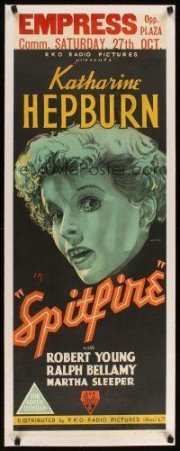 2f192 SPITFIRE linen long Aust daybill '34 hand litho art of Katharine Hepburn by Norman McMurray!