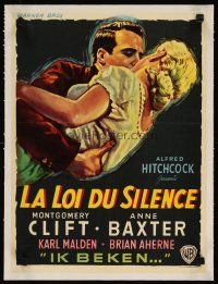 2f336 I CONFESS linen Belgian '53 Alfred Hitchcock, art of Montgomery Clift & Anne Baxter kissing!