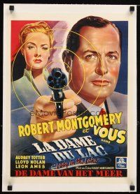 2f343 LADY IN THE LAKE linen Belgian '48 different art of Robert Montgomery pointing gun, Totter!