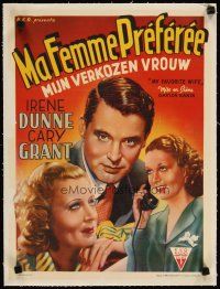 2f353 MY FAVORITE WIFE linen Belgian '47 different art of Cary Grant, Irene Dunne & Gail Patrick!