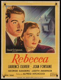 2f254 REBECCA linen French 23x32 '47 Hitchcock, different art of Laurence Olivier & Joan Fontaine!