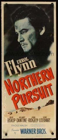 2f149 NORTHERN PURSUIT linen insert '43 intense close up of Canadian Mountie Errol Flynn!