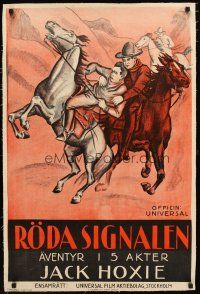 2f242 RED WARNING linen Swedish 23x35 '23 cool art of cowboy Jack Hoxie tackling bad guy on horse!