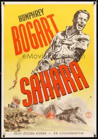 2f243 SAHARA linen Swedish '44 art of Humphrey Bogart with gun over World War II battelfield!