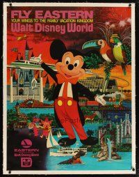 2f081 EASTERN WALT DISNEY WORLD linen travel poster '71 cool art of Mickey Mouse + theme park!