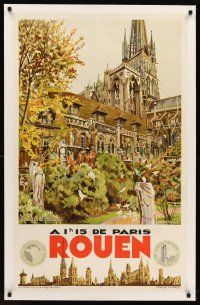 2f084 ROUEN linen French travel poster '30s artwork of the capital city of Normandy by Monsnergue!