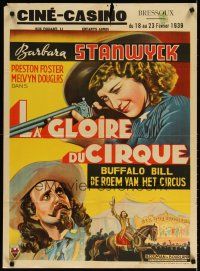 2g169 ANNIE OAKLEY pre-War 25x34 Belgian '36 art of Barbara Stanwyck with gun & Buffalo Bill!
