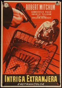 2g089 FOREIGN INTRIGUE Spanish '56 cool MCP art of gun pointed at Robert Mitchum in stairwell!
