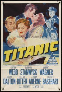 2h207 TITANIC Aust 1sh '53 great stone litho of Clifton Webb & Barbara Stanwyck + legendary ship!