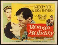 2h014 ROMAN HOLIDAY 1/2sh '53 Audrey Hepburn & Gregory Peck about to kiss and riding on Vespa!