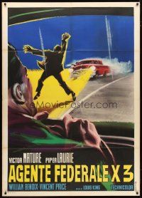2h099 DANGEROUS MISSION Italian 1p '54 cool different art of man about to get hit on highway!