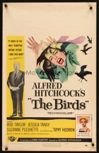 2h130 BIRDS WC '63 Alfred Hitchcock shown with Tippi Hedren, classic attack art!