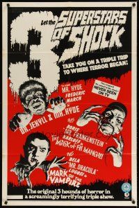 2j008 3 SUPERSTARS OF SHOCK 1sh '72 Boris Karloff, Bela Lugosi, March, cool monster art!
