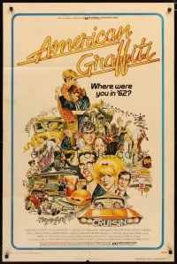 2j032 AMERICAN GRAFFITI 1sh '73 George Lucas teen classic, great wacky artwork of cast!