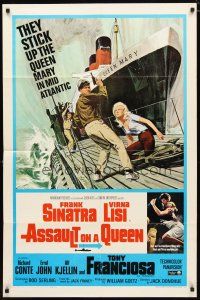 2j049 ASSAULT ON A QUEEN 1sh '66 art of Frank Sinatra w/pistol & sexy Virna Lisi on submarine deck