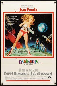 2j065 BARBARELLA 1sh '68 sexiest sci-fi art of Jane Fonda by Robert McGinnis, Roger Vadim!