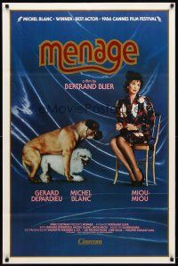 2m492 MENAGE 1sh '86 Tenue de Soiree, really outrageous image of Miou-Miou sitting with dogs!
