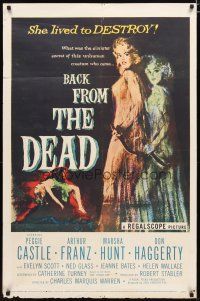 2t058 BACK FROM THE DEAD 1sh '57 Peggie Castle lived to destroy, cool sexy horror art & image!