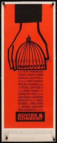2w345 ADVISE & CONSENT insert '62 Otto Preminger, classic Saul Bass Washington Capitol artwork!