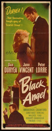 2w386 BLACK ANGEL insert '46 tough guy Dan Duryea, sexy June Vincent, Peter Lorre with gun!